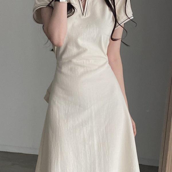 Women's Summer Retro Korean POLO Collar Color Block Slimming A-Line Dress