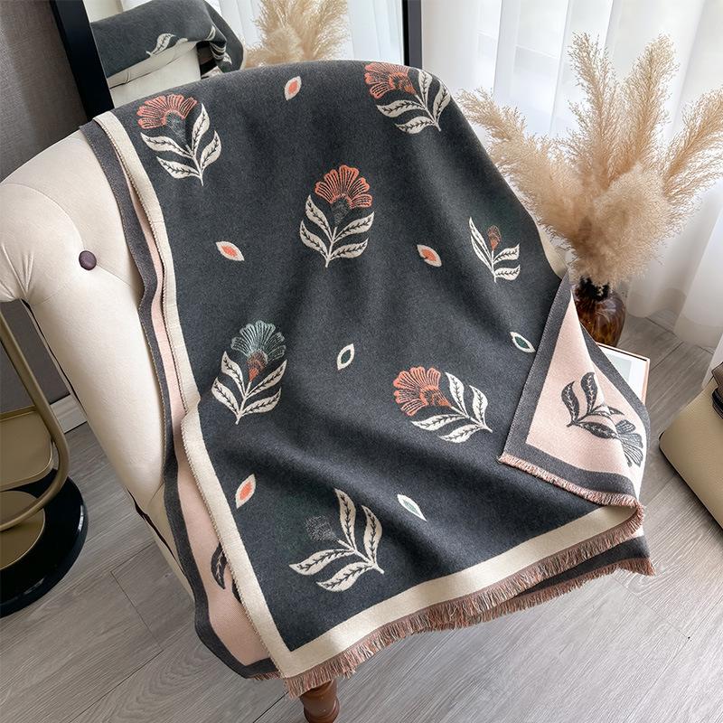 Autumn And Winter Plants, Small Fresh Flowers, Simple And High-End Printing, Women'S Imitation Cashmere Warm Scarf, Shawl Scarf