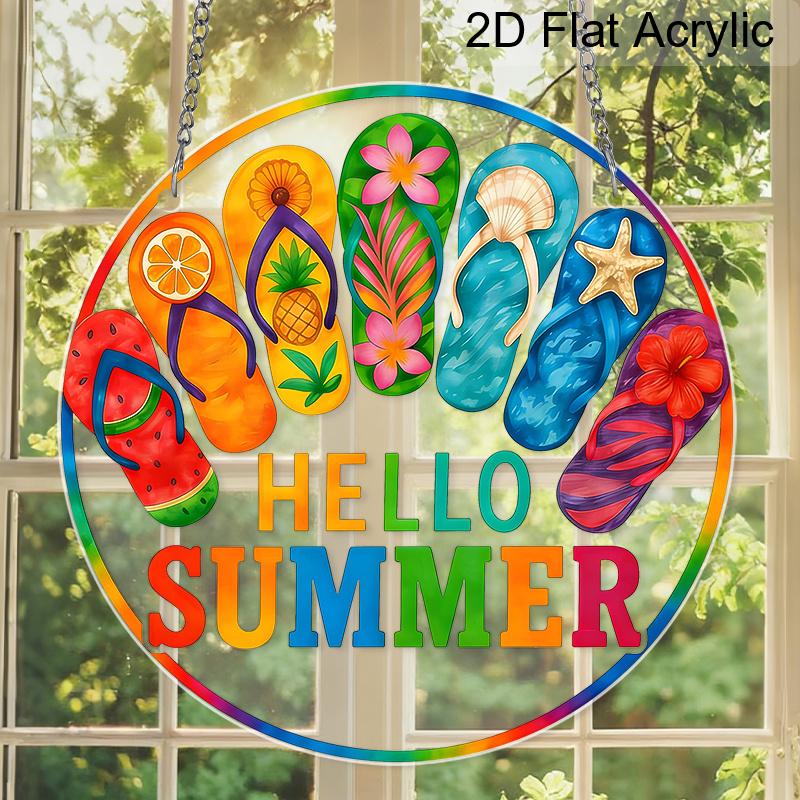 Acrylic Hello Summer Flip Flop Suncatcher Stained Glass Effect Window Hanging Ornament Summer Decor