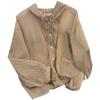 Women's Khaki Striped Hooded Shirt Long Sleeve Button Front Casual Loose Fit Blouse