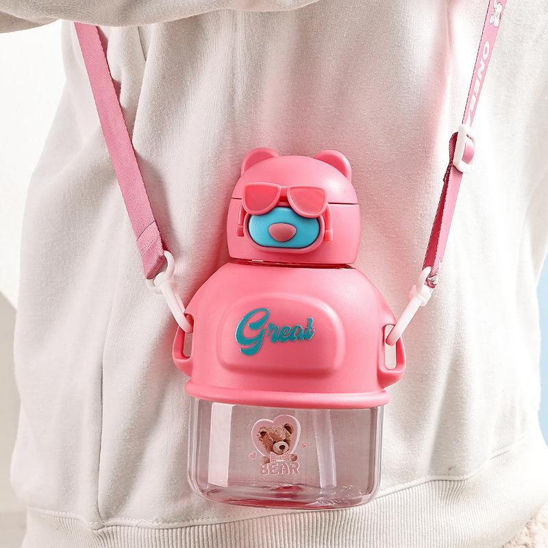 Cartoon Childrens Cups Cup with Straw Primary School Student School Strap Portable Big Belly Cup Adorable Plastic Cup Water Cup