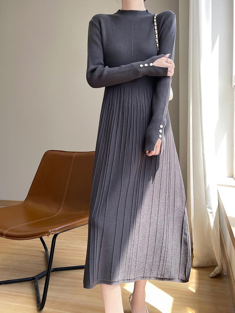 Semi-turtleneck Solid Color Sweater Skirt Autumn and Winter Temperament Versatile Long Dress Slim and Thin a Word Knitted Bottoming Dress Women