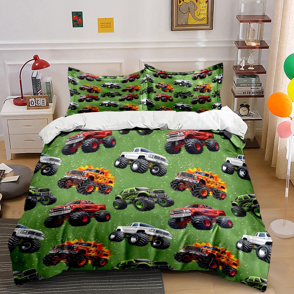 Monster Truck Pattern Background Print Bedding Set 1 Duvet Cover 2 Pillowcases for Adult and Children Luxury Gift Full Size