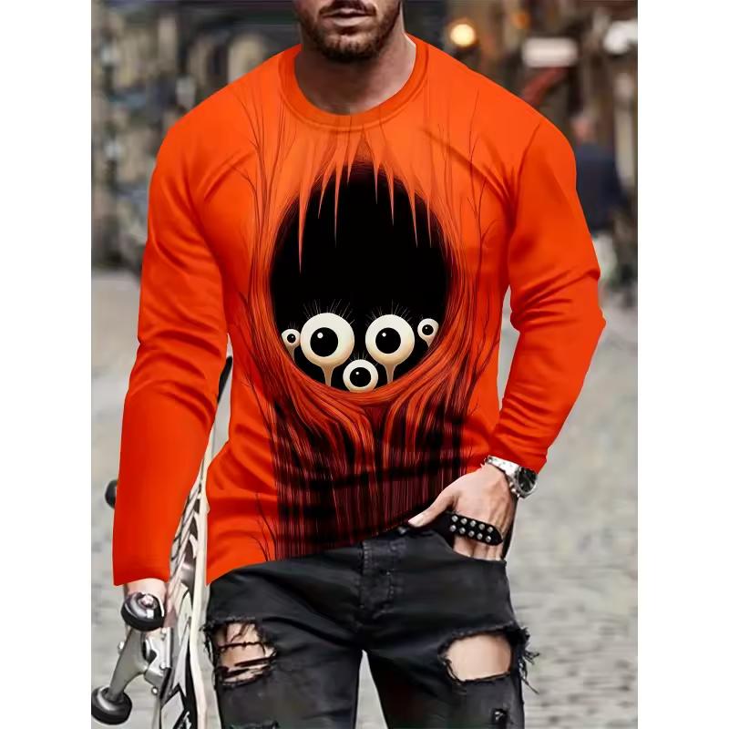 Cute Abstract Monster Pattern T-Shirt For Men Cool Skull 3D Print T Shirts Autumn Casual Loose Round Neck Tops Tees Long Sleeves