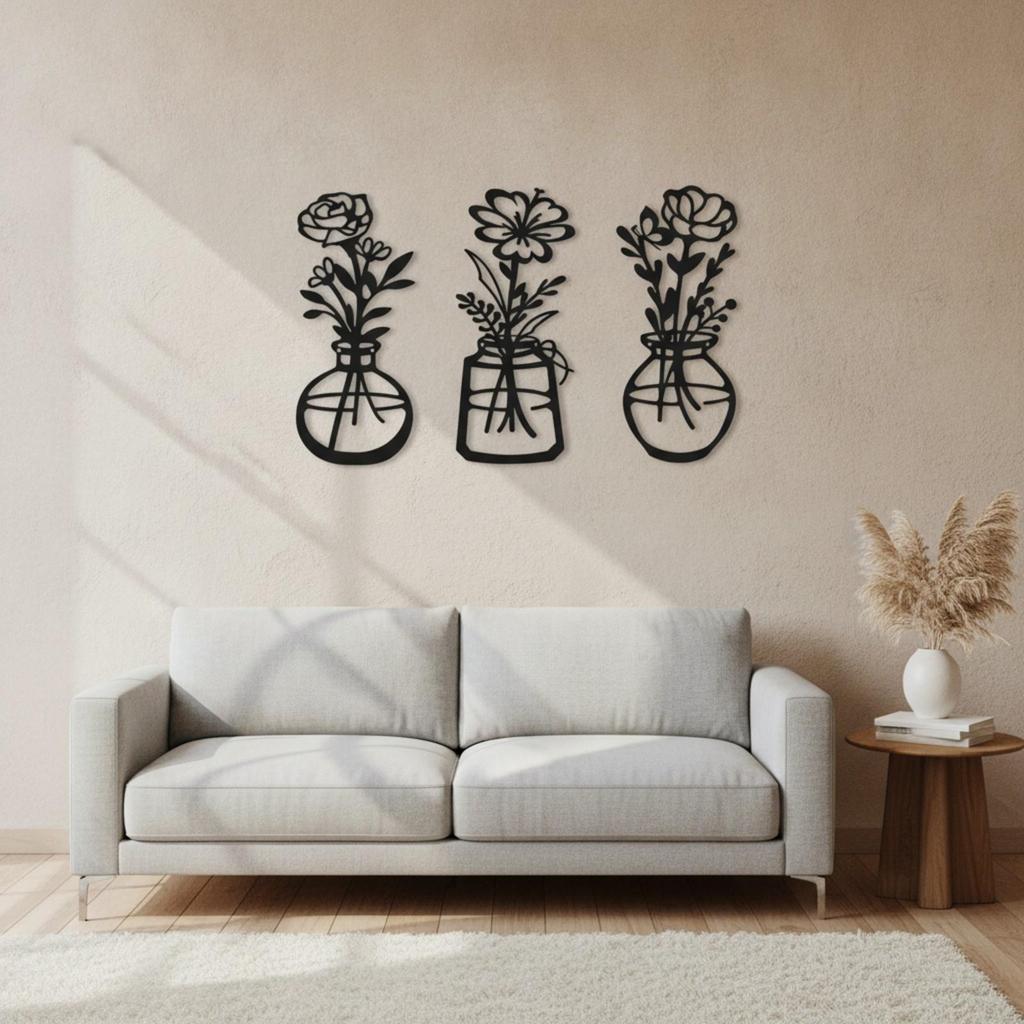 3 Pieces Metal Wall Art with Floral Arrangement Botanical Openwork