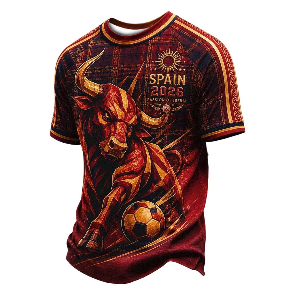 Men's Classic Crew Neck Football T-Shirt Spain Inspired Graphic Print Casual Fit Short Sleeve Top for Sports and Everyday Wear