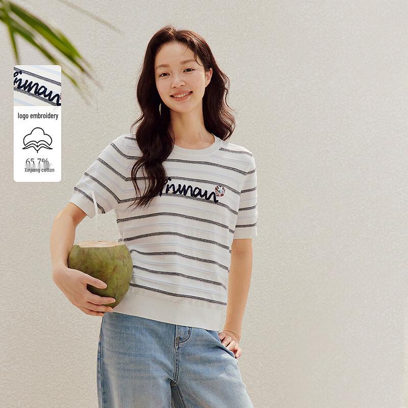 INMAN Cool-Touch French Striped Short-Sleeve Knit Top S