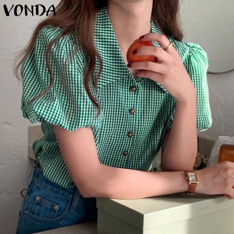 

VONDA Женская летняя свободная клетчатая рубашка с короткими рукавами и лацканами