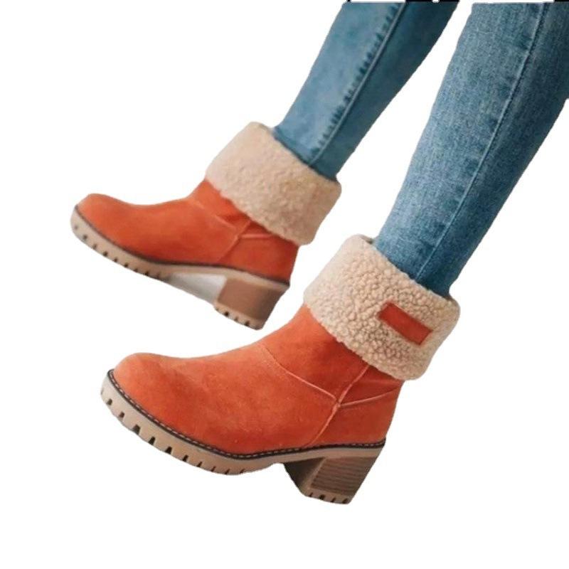 Winter women's shoes thick heel high heel snow boots two wear velvet warm women's boots medium boots cotton shoes