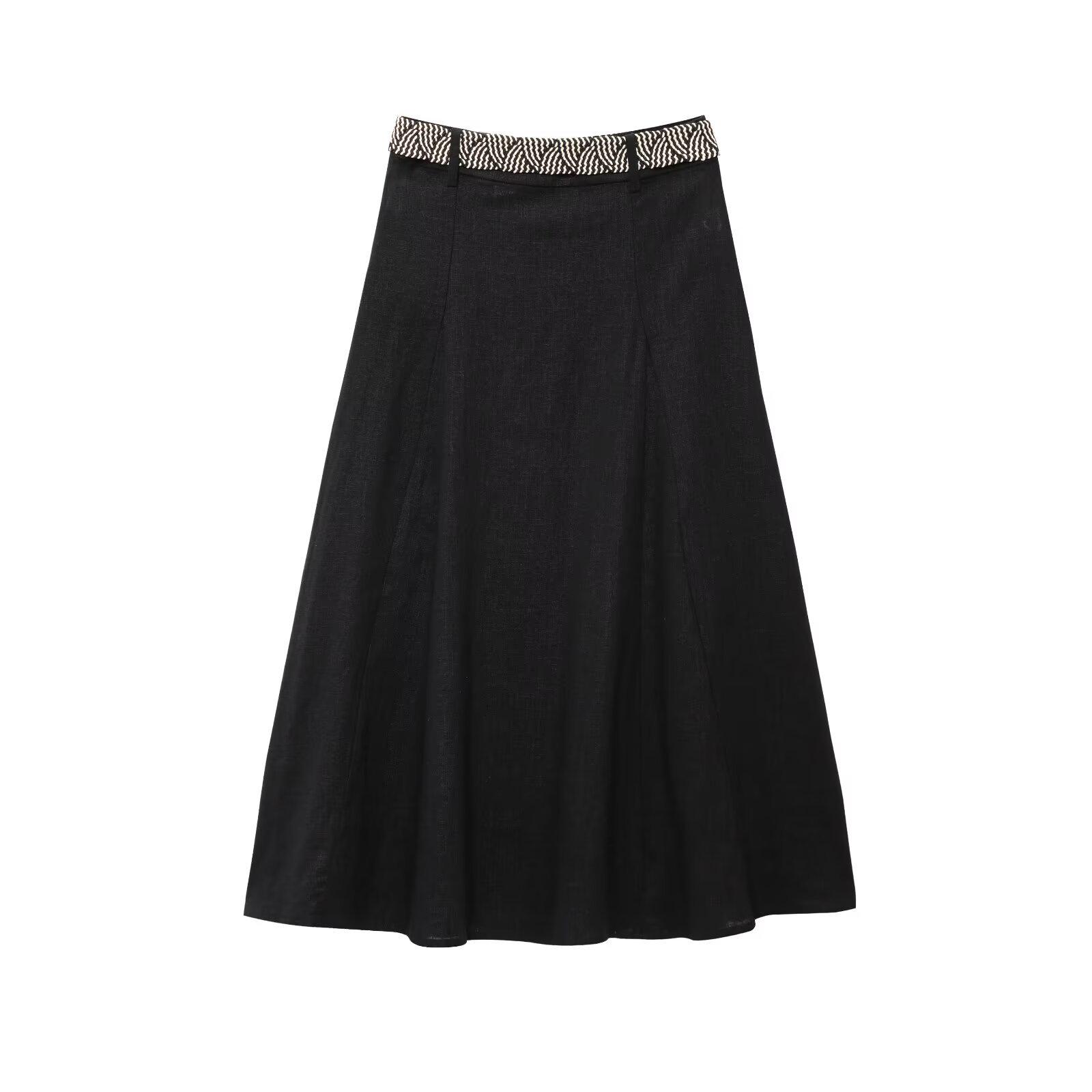 

2025 Spring European and American Women s Linen Belted Cape Midi Skirt L чорний