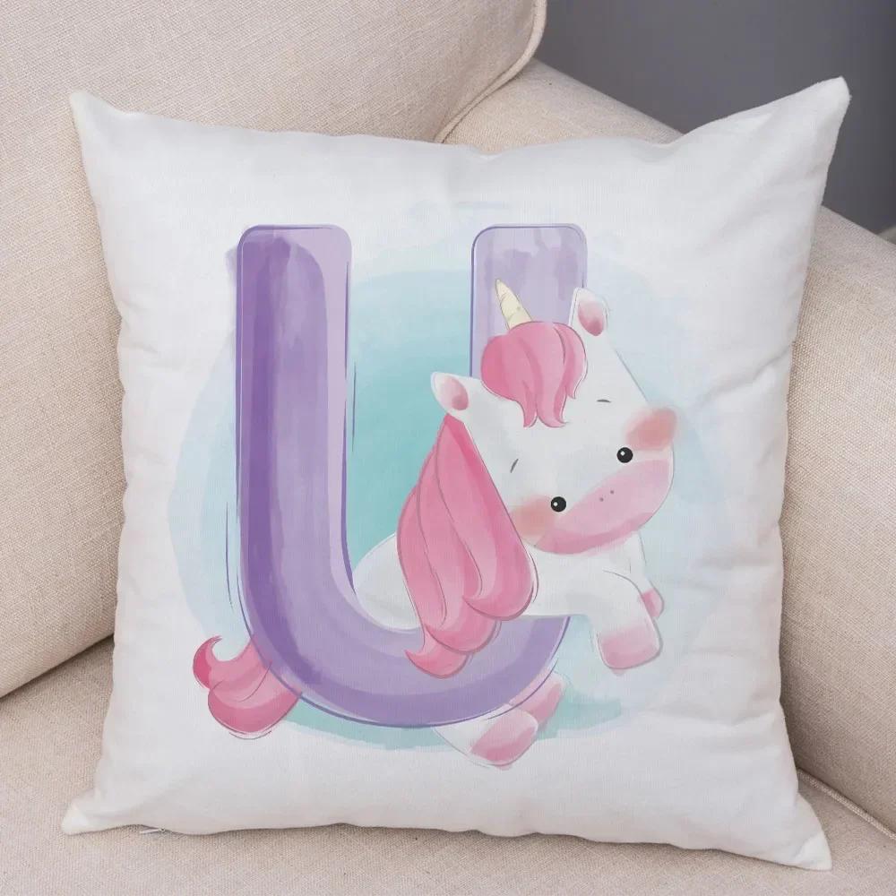 Cute Cartoon Cushion Cover Water Color English Letter Print Pillow Case Soft Animal Print Pillowcase For Children Room Decor