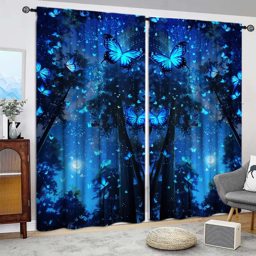 2PCS Dream Forest Night Blackout Curtains Rod Pocket Top Modern Art Polyester for Bedroom Living Room Home Decor