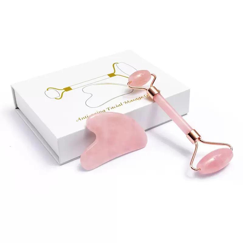 Rose Quartz Jade Roller Double-Headed Massage Set with Facial Heart-Shaped Beauty Tool