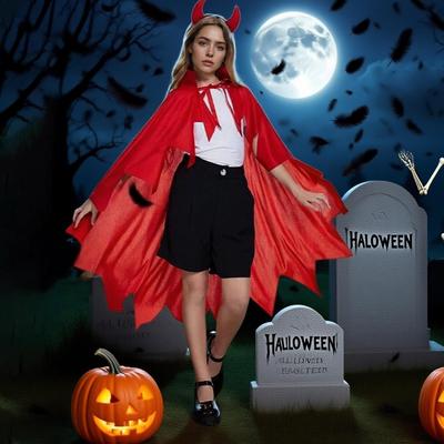 Vampire Cape Women Halloween Vampire Outfits Horned Headwear Gothic Cloak Cosplay Costume Accessories For Women Men Kids