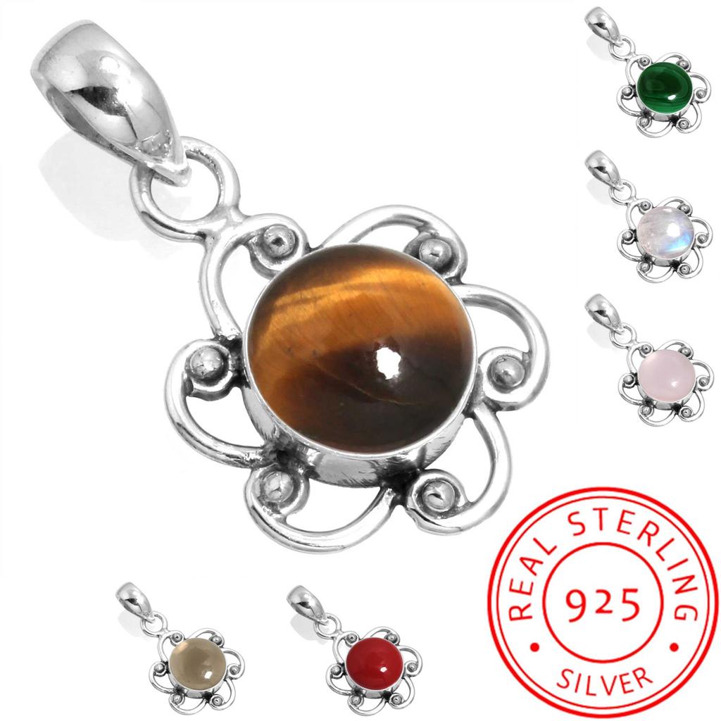 925 Sterling Silver Pendant Women Gemstone Handmade Jewelry Anniversary Gift Malachite Moonstone Rose Quartz Red Stone Smoky Topaz Tiger Eye Solitaire