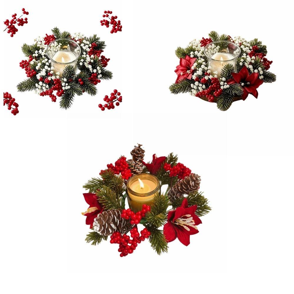 Flower Artificial Wreath Candle Rings Red Berry Pillar Candlestick Wreath Candle Holder Party
