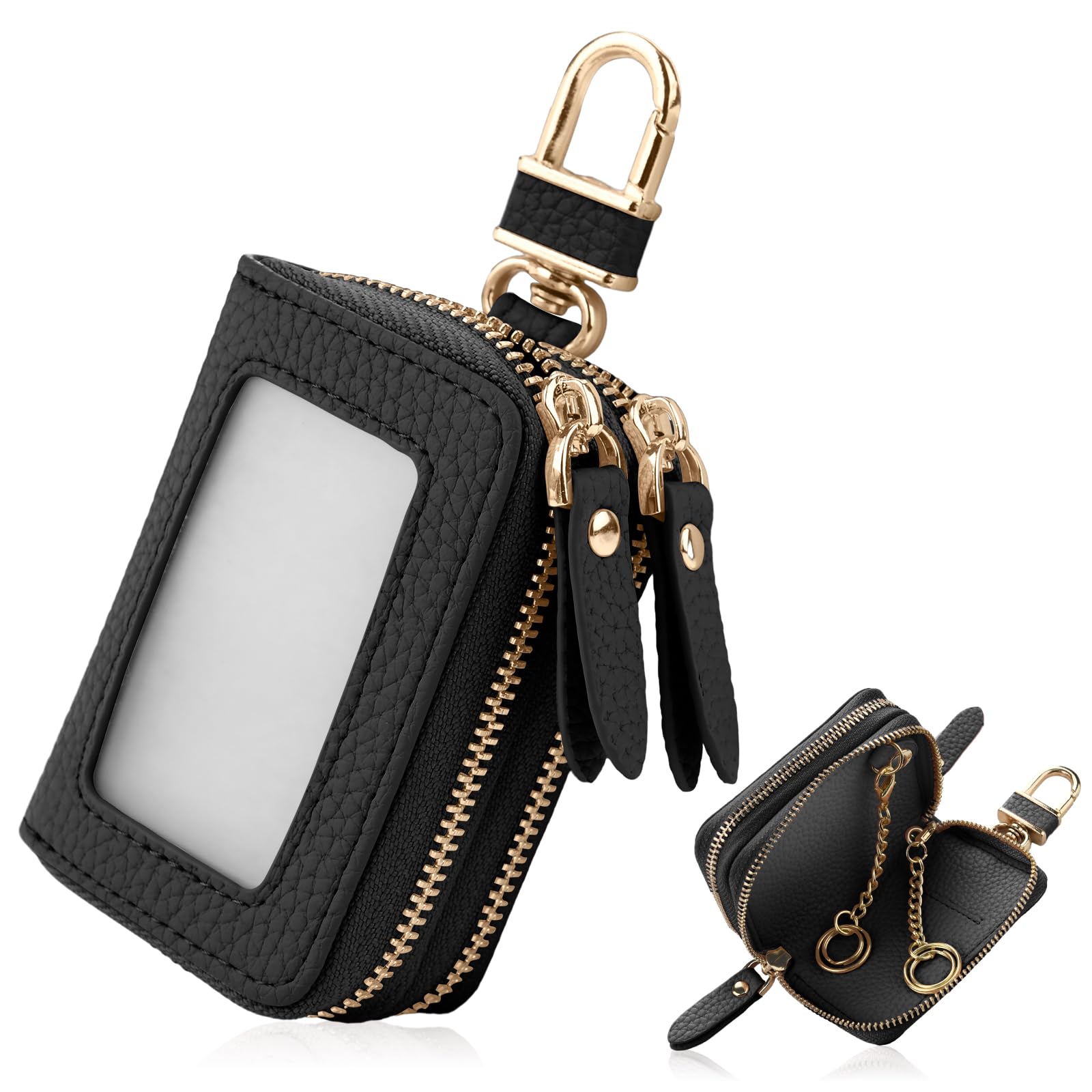 

Gineman Key Smart Key Holds 2 Clear Double Smart Key Case Carabiner for Men and Women Case, Case, Keys, Window, Pocket, Leather, Zipper, Cover, чорний