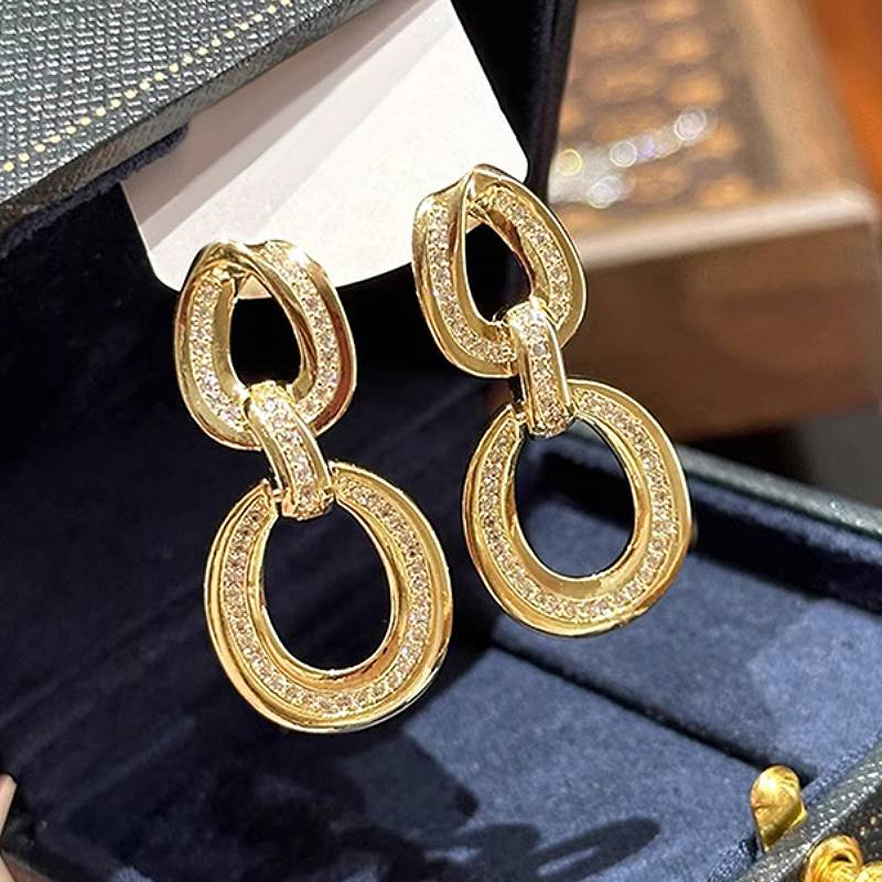 

Huitan Gorgeous Women Drop Earrings Circle Linked Fashion Lady Wedding Gold Color Accessories Party Zircon Inlaid Shining CZ