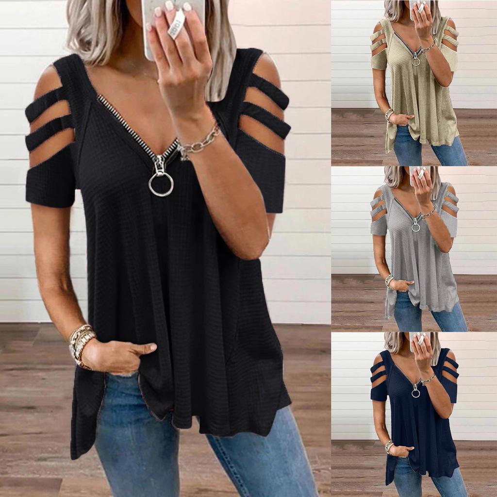 Womens Sexy V-neck Collar Zipper Color Short Sleeve Fold Casual Blouse Tops
