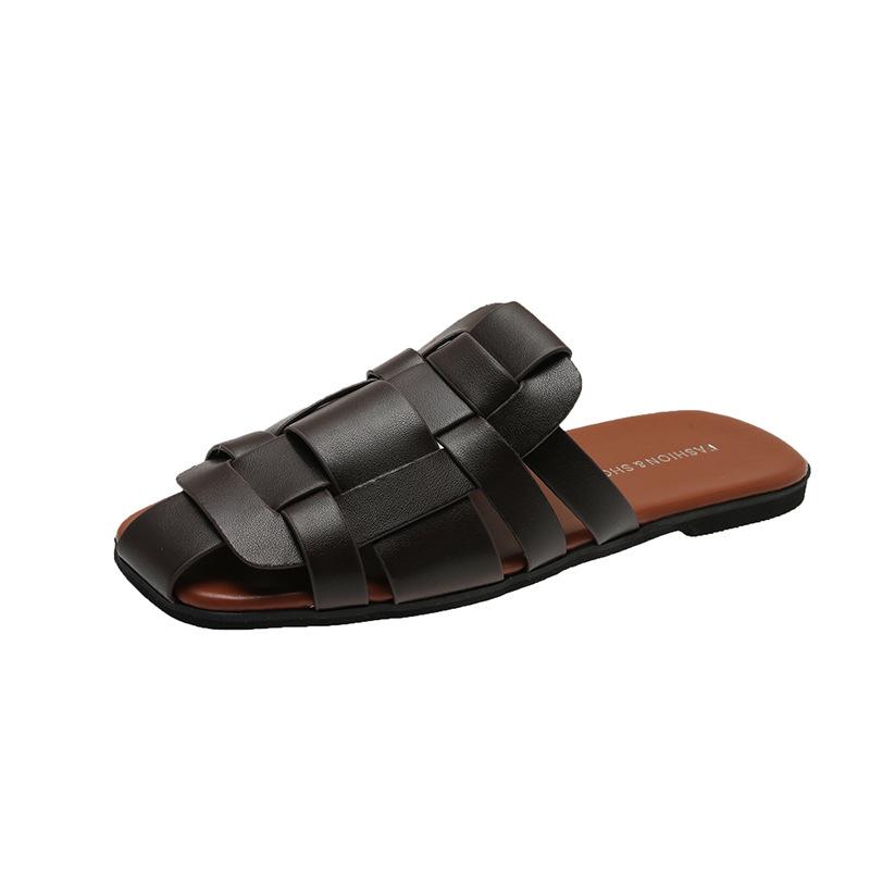 Ushilai Genuine Women's Shoes 2025 Summer New Outer Wear Casual Slippers Bag Head Flat Bottom Non-slip Woven Cool Slippers