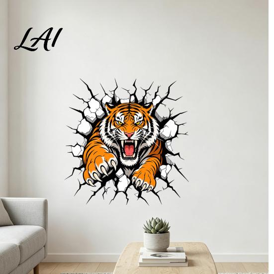 Easy Apply Wall Coverings 3D Tiger Stickers Peel And Stick Roaring Decals Removable PVC Vinyl Stickers Art Mural Decor Realistic Cracked