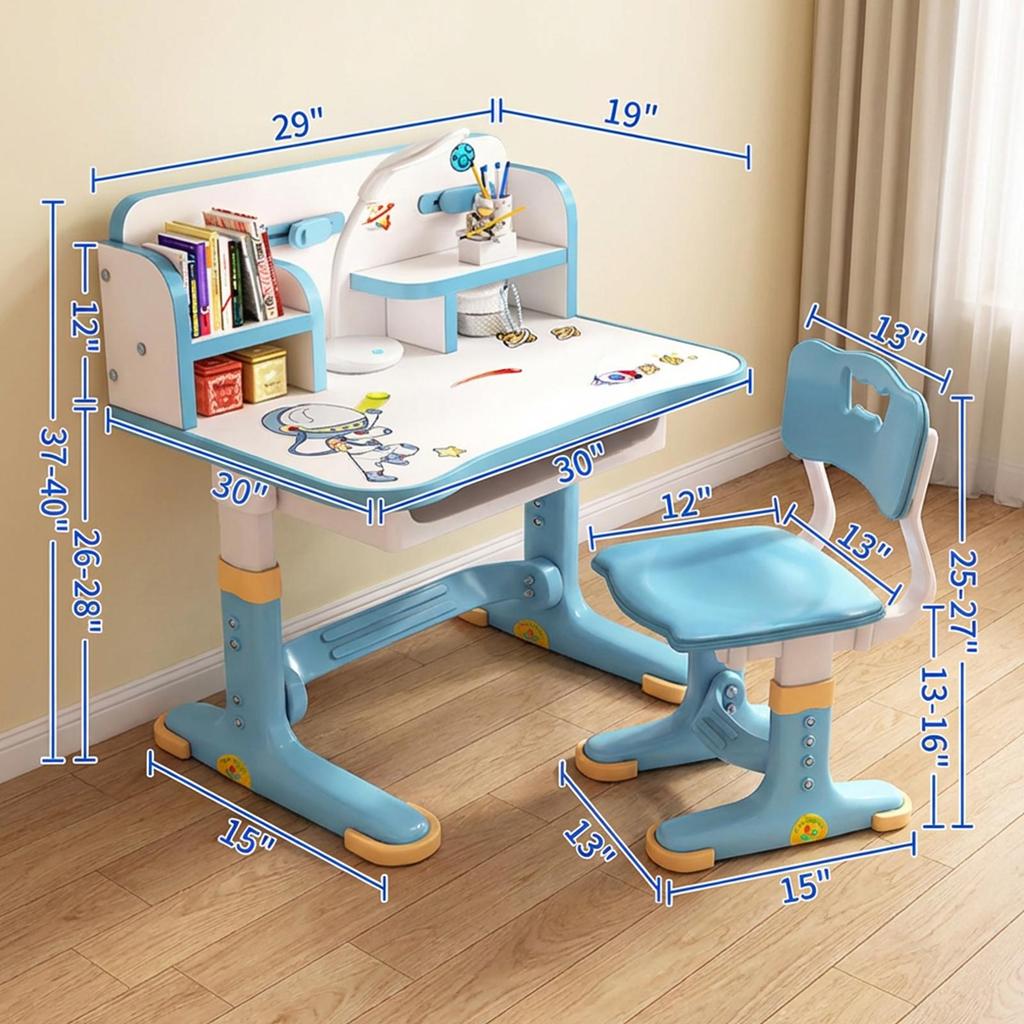 Kids Study Desk Chair Set Widened Desktop Multi Separation Cartoon Pattern Learning Adjustable Height Table with Drawer Furniture