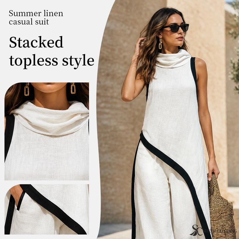 Women Color Block Two Piece Set Cowl Neck Sleeveless Asymmetrical Tunic Top Wide Leg Pants Casual Vacation Outfit