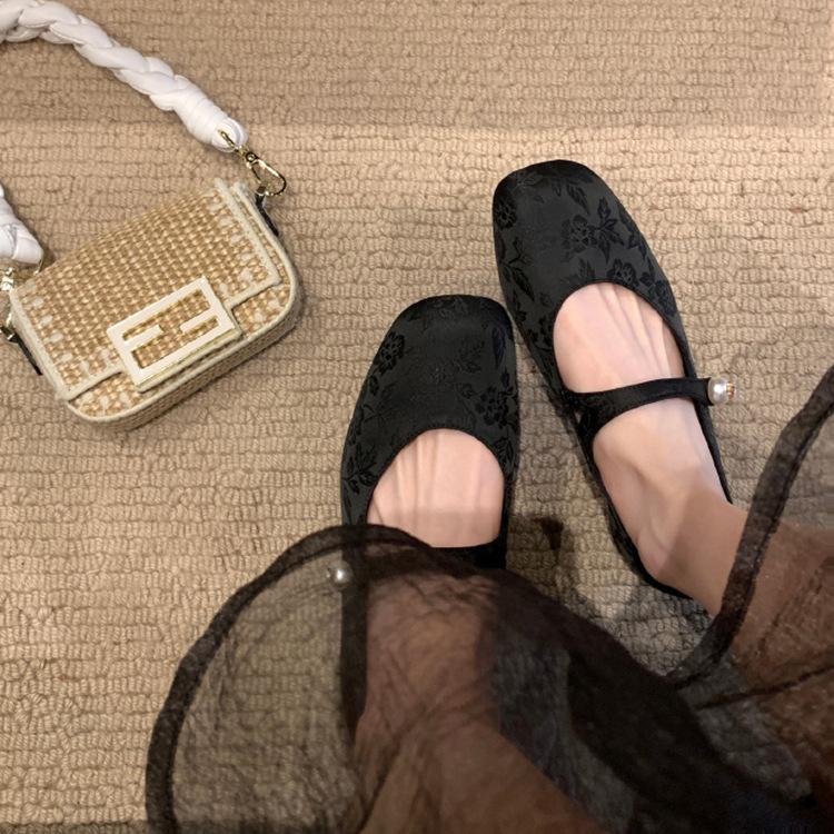 Sheepskin Version~ Single Shoes Women's Skirt Pearl Satin Jacquard with Square Head Mary Jane Shoes