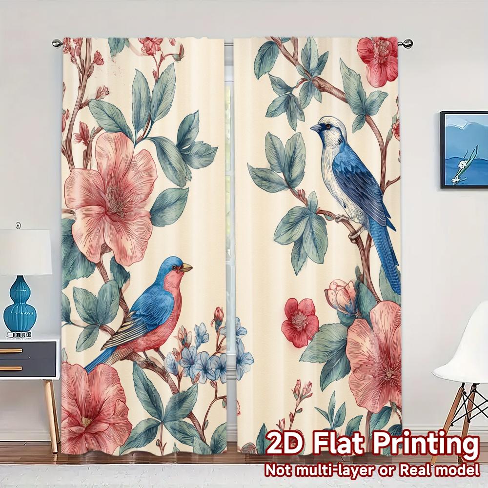 

2D Flat Printing JIT 2pcs Curtains (Without Rod) Birds Blooms Modern Modern Curtain Versatile Durable Polyester Curtains 100*130 Grommet Top 1pcs