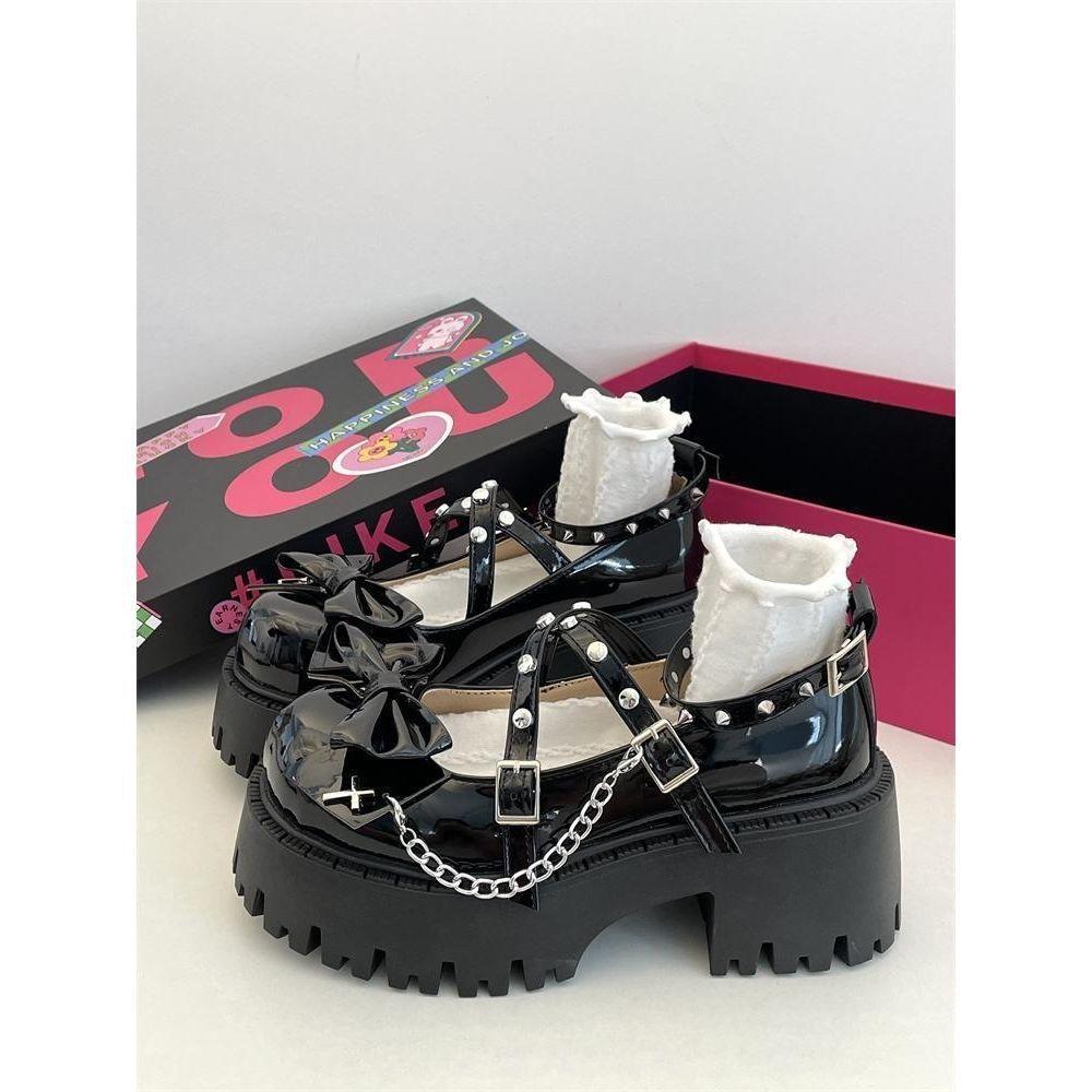 Punk Rivet Shallow Mouth Small Leather Shoes Women's New Spring Bow Thick Sole Height Increase Lo Shoes Versatile Single Shoes