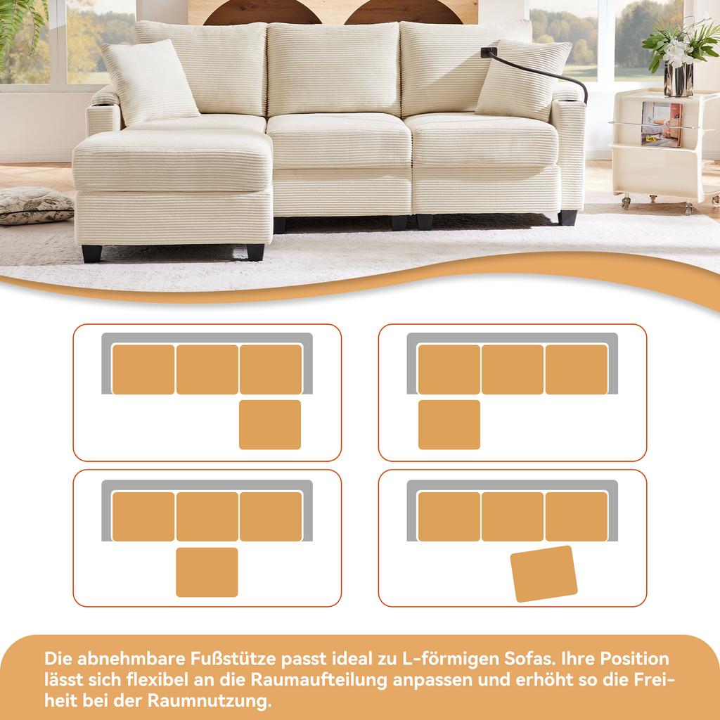 L-Shaped Corner Sofa, Convertible 3-Seater with Footstool, Cup Holder, USB Charger, Armrest Tray and 2 Cushions, Living Room/Office/Apartment, Beige