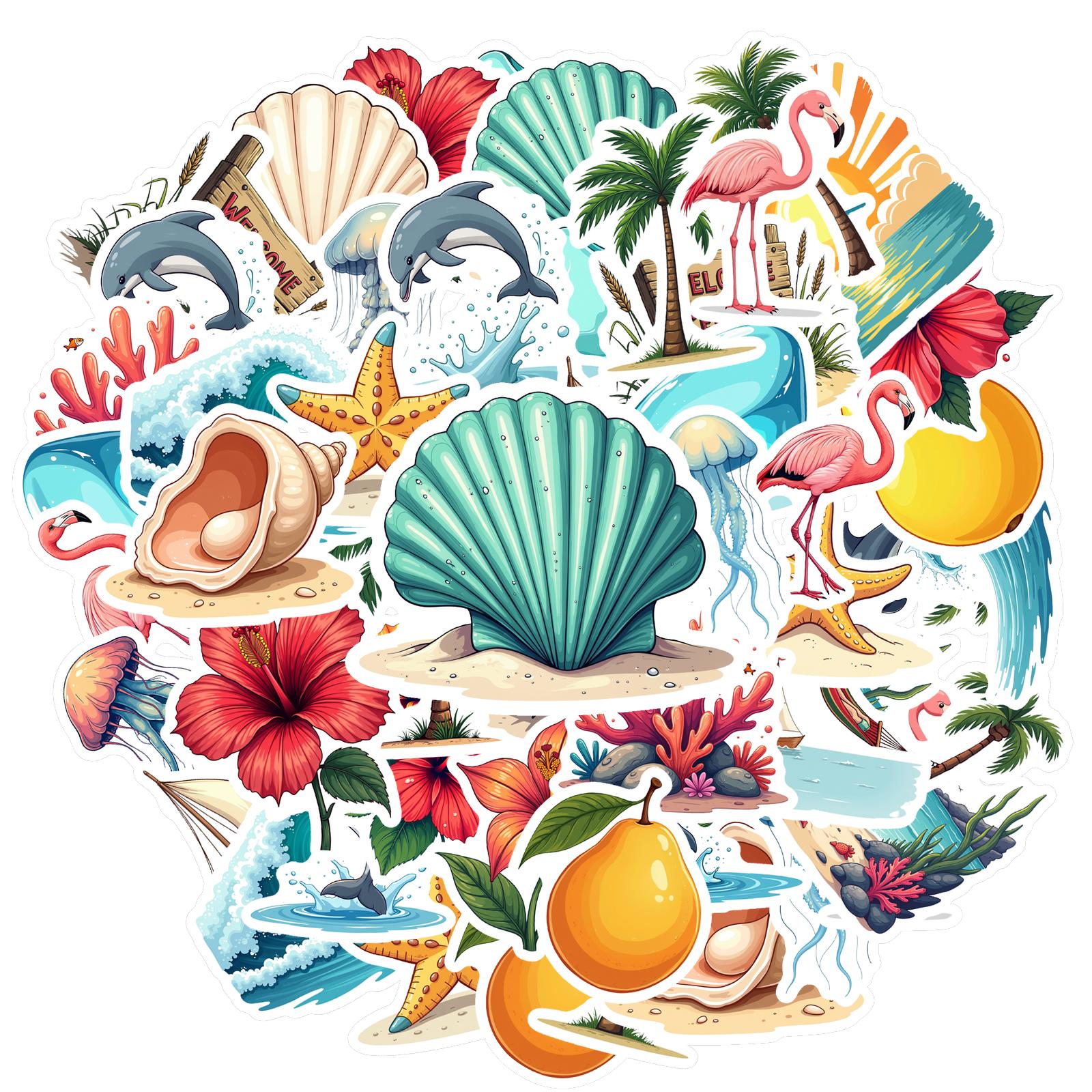 

35-70pcs Tropical Beach Stickers Summer Cartoon Sticker For School Teacher Student Stationery Stickers