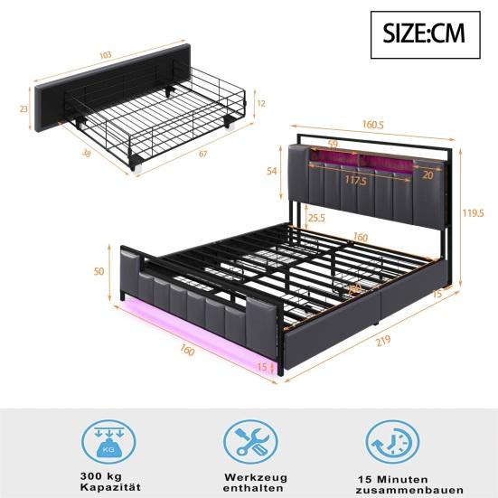 Upholstery Bed 160x200 Cm, Multifunctional Bed with LED Light, USB Socket, Drawers, Solid Iron Bed Frame, Youth Bed, Adult Bed, Double Bed, Synthetic