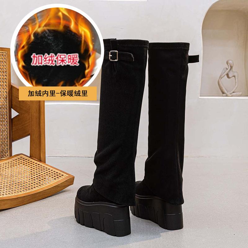 

Женские брюки-ботфорты на толстой подошве 14 см, новые осенне-зимние длинные сапоги 2025 года, с нерегулярными складками, высокие сапоги, детские однотонные 39