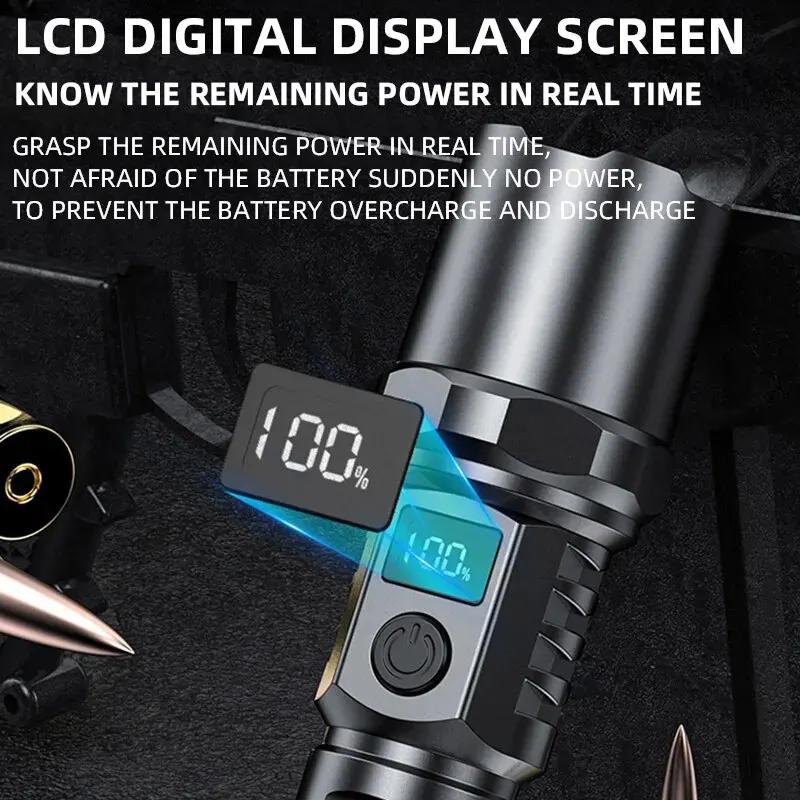 High Strong Power Led Flashlights 180000LM Tactical Torch with Display Light USB Charging Camping Fishing Emergency Zoom Lantern