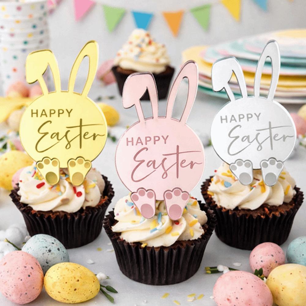 6pcs Acrylic Cupcake Decor Toppers Happy Easter Bunny Pattern Tags Rabbit Cake Toppers Easter Party