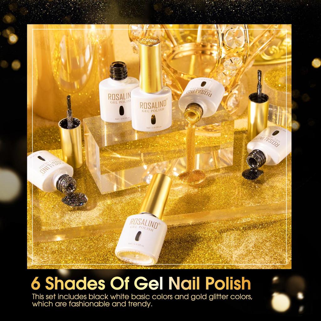 ROSALIND 6pcs Gel Nail Polish Set 6ml Solid Color Nail Topcoat and Primer Set UV Lamp Nail Set.