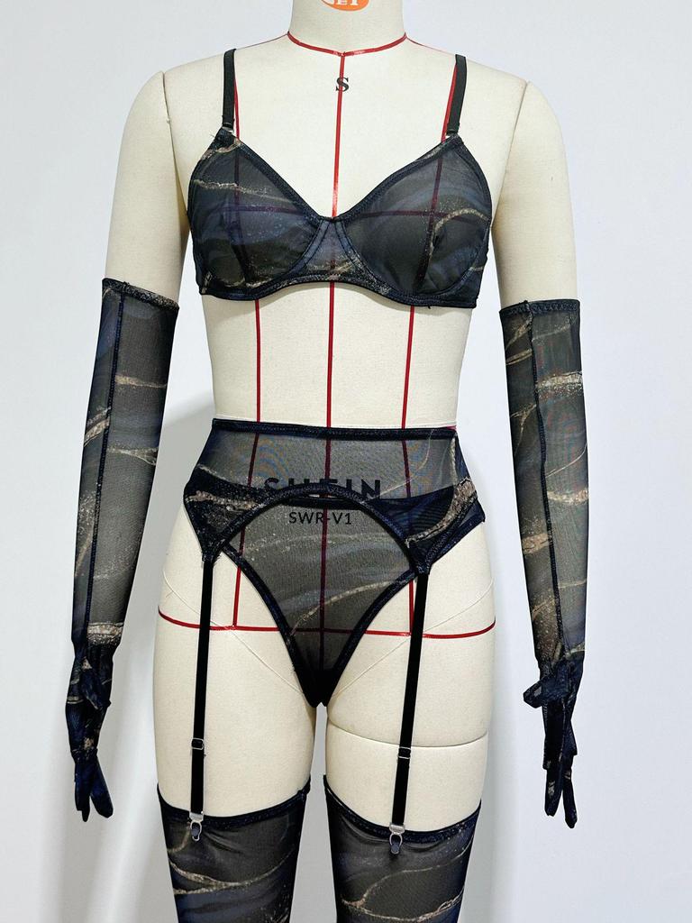 "Colorful Tie-Dye European & American 5-Piece Lingerie Set with Gloves and Stockings"