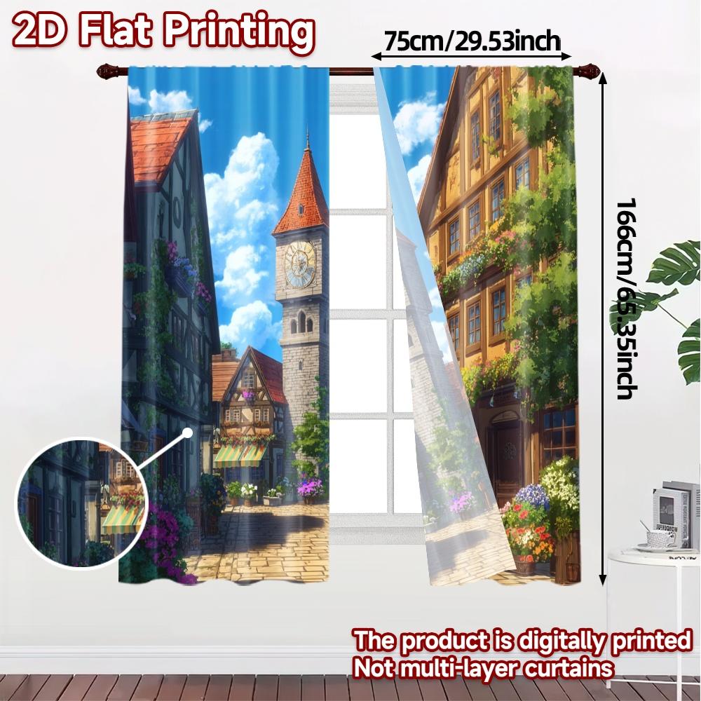 Set Of 2 Flat Printing Curtains Without Rod Charming Village View Popular Print Polyester Holiday Curtain