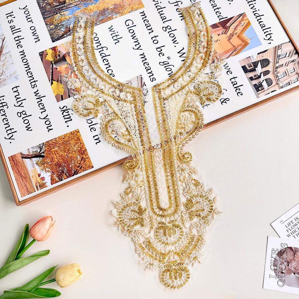 Heavy Industry Gold Bead Embroidery Cloth Sticker Dress Performance Clothes Clothing Decoration Accessories Front Collar Cloth Sticker Accessories