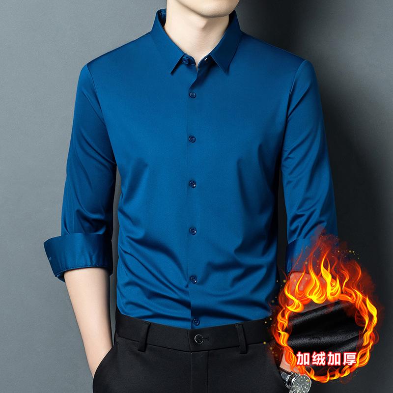 Men S Fleece Lined Long Sleeve Shirt Solid Color Business Casual Warm