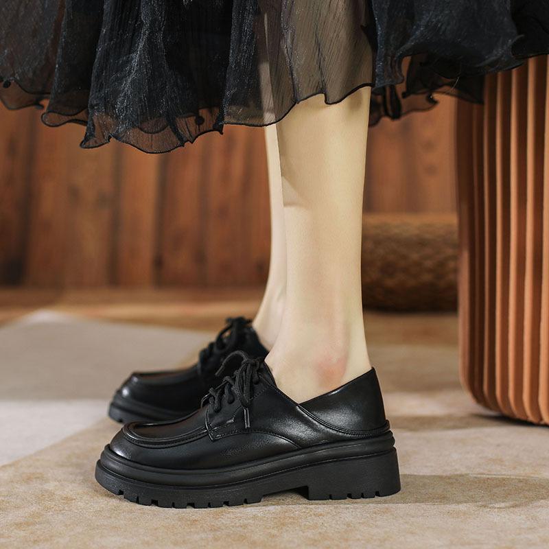 Plateau Damen Sommer Akademie Stil Schwarz Schnürschuhe Britische kleine Lederschuhe Damen