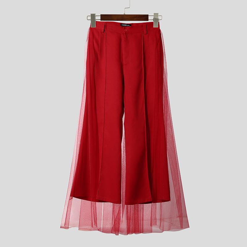 

INCERUN Men s Zip-up Waist Double Layers Mesh Patchwork Casual Flare Pants Trousers 5XL красный