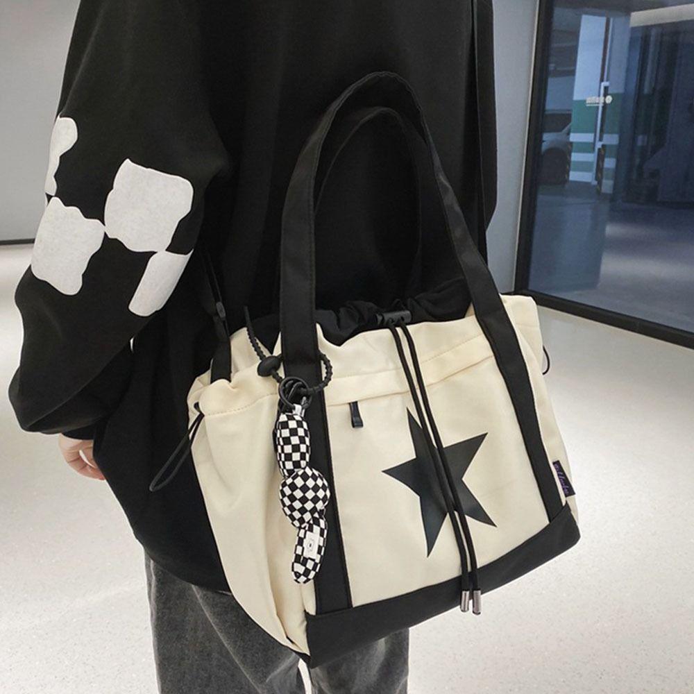 Drawstring Star Tote Bag Nylon Y2K Crossbody Bag Simple Large Capacity Shoulder Bag Outdoor