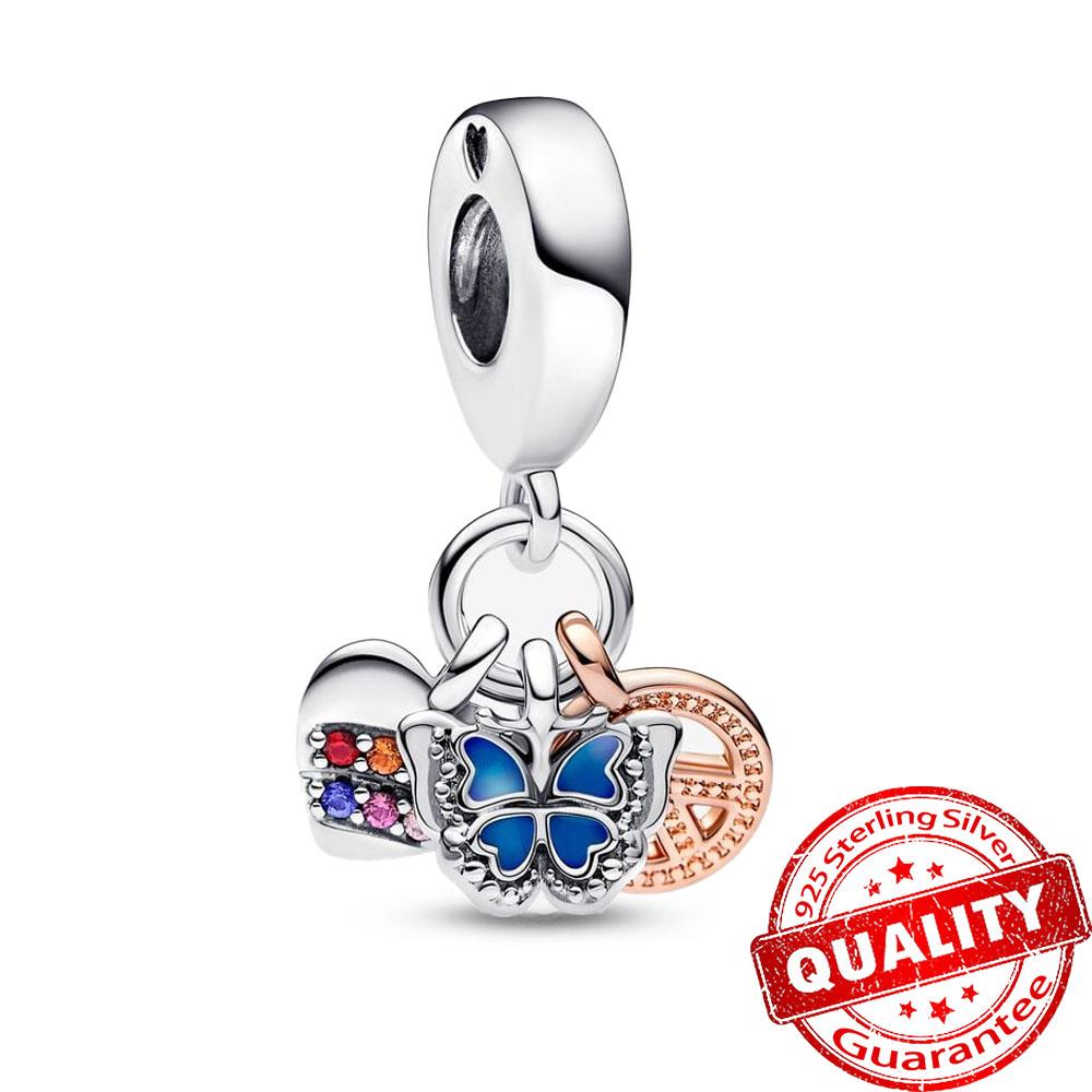 copper Infinite Heart Shape Bead Charms Butterfly Double Dangle Charm Fits Bracelets Rose Gold Plated Pendant Gift