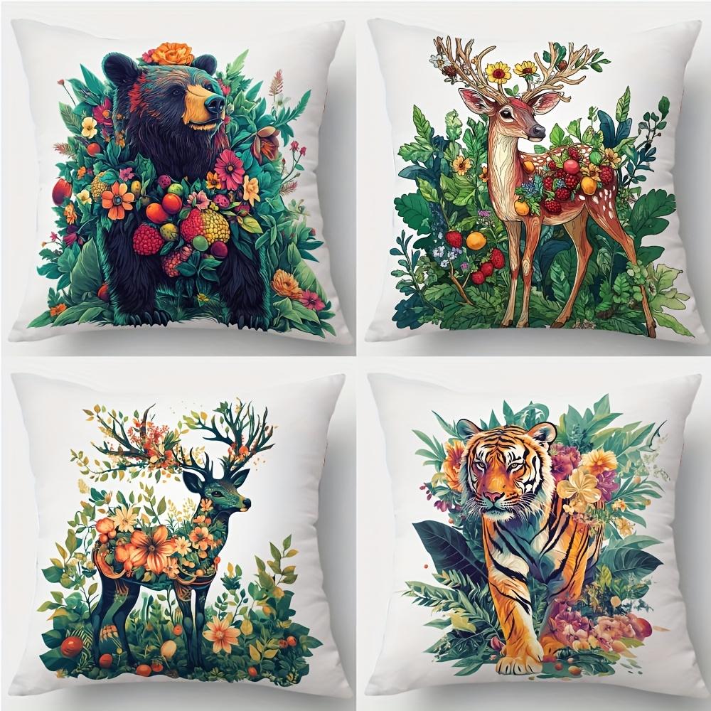4pcs Animal Print Pillowcases - Bear, Deer, Tiger  & Floral Designs, Soft 100% Polyester, 18x18 Inch Square, Zipper Closure, Mach 35x35cm-4pc14x14in
