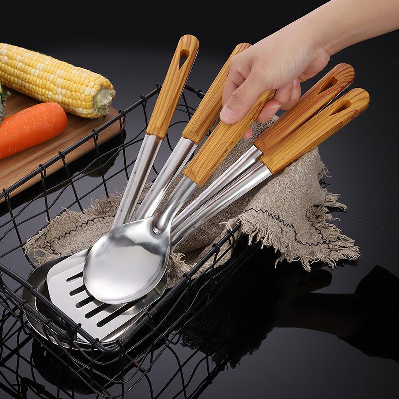 1PC Stainless Steel Cooking Utensils Wooden Handle Spatula Rice Spoon Frying Shovel Kitchenware Kitchen Baking Accessories