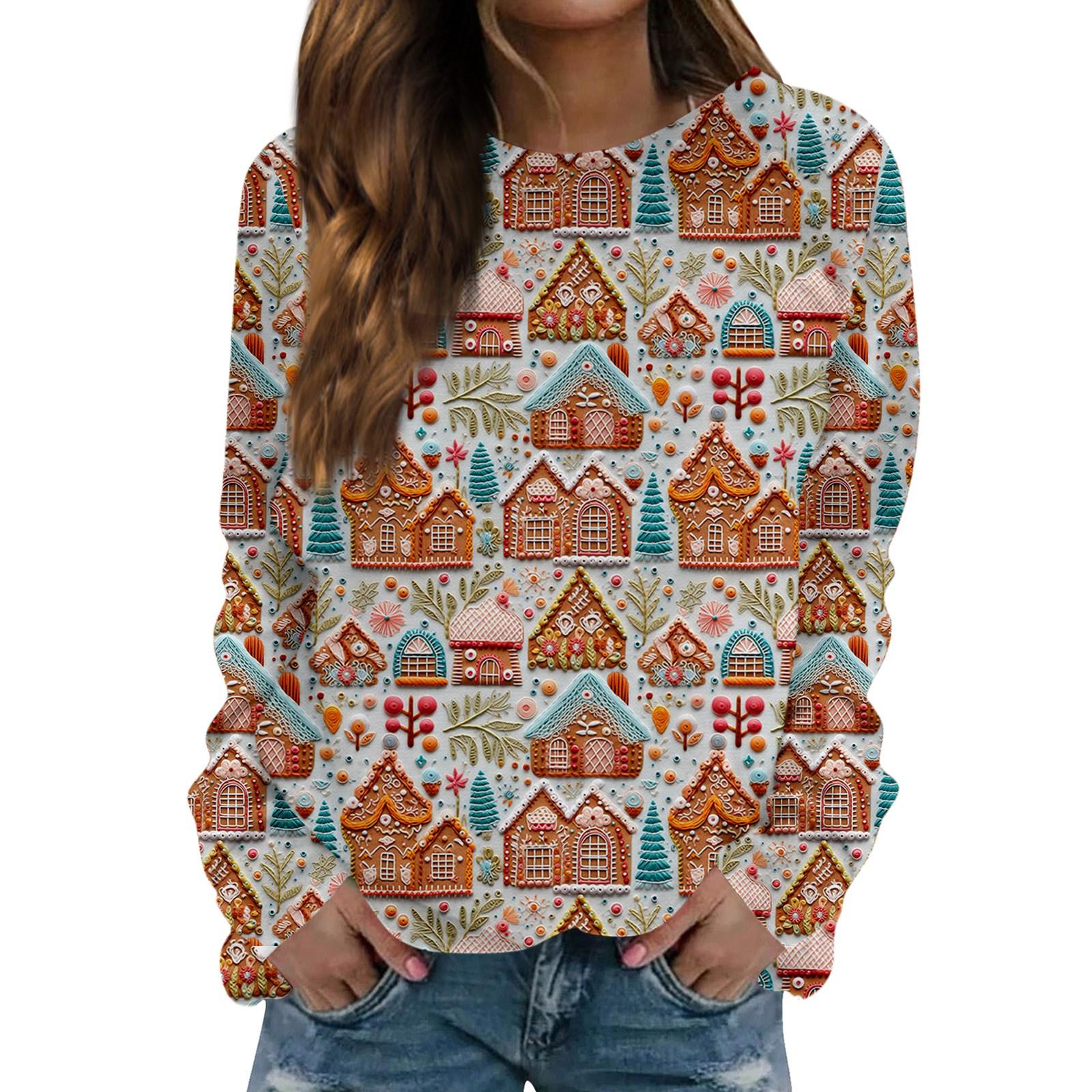 

Women s Fashionable Casual Long-sleeved Retro Christmas Snowman Print Round Neck Top S