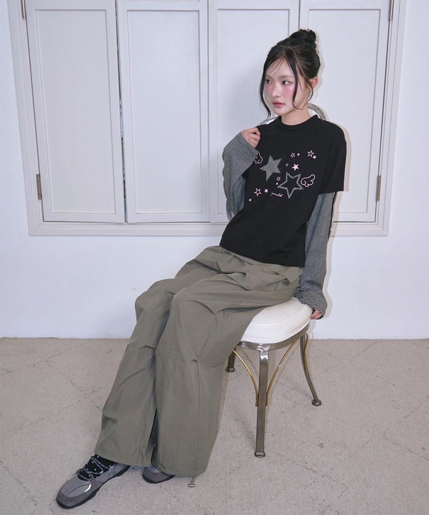 THE GREEN LAB Star Patch St Layered T-Shirt [Black]