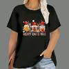Women's Christmas T-shirt, cartoon Santa Claus print, short-sleeve, round-neck, casual party loose top